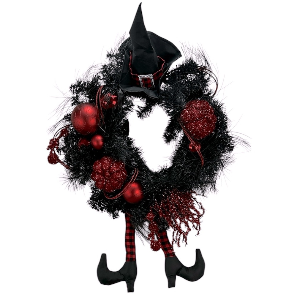 Bella Lux Halloween Witch Leg Wreath Red Black Glitter Baubles Pumpkin Hat Broom